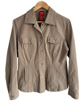 Olsen Europe Stretch Cotton Jacket Womens Sz 10 Taupe Button Front Neutral Coat